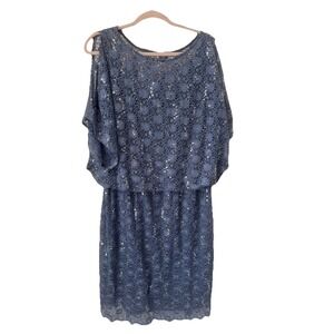 NOT‎ FOR SALE Plus Lace Sequin Lined Cold Shoulder Short Knee Blouson Blue 18W